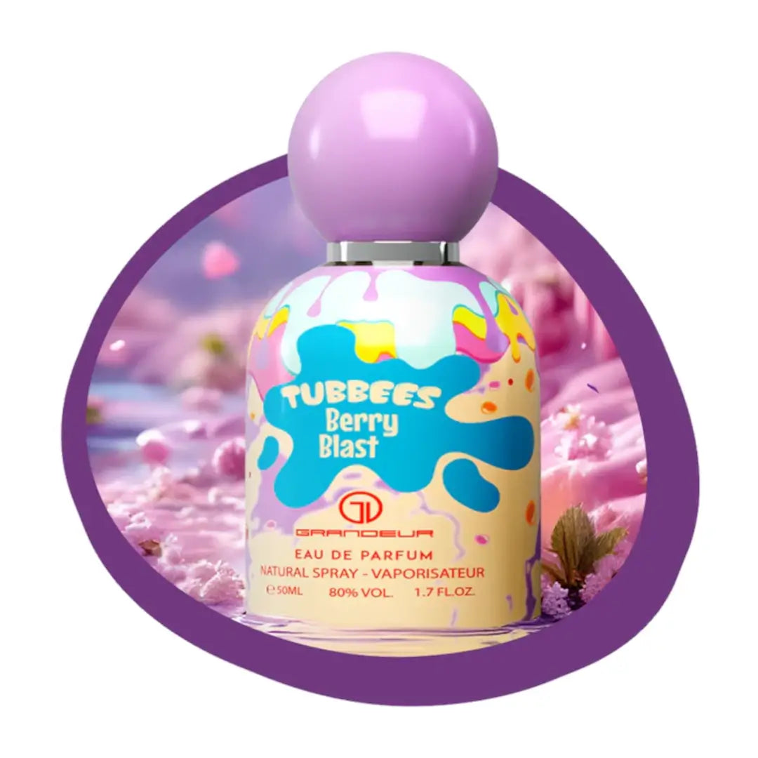 'Berry Blast' Perfume bottle with a purple cap on a white background with 'Tubbees' branding