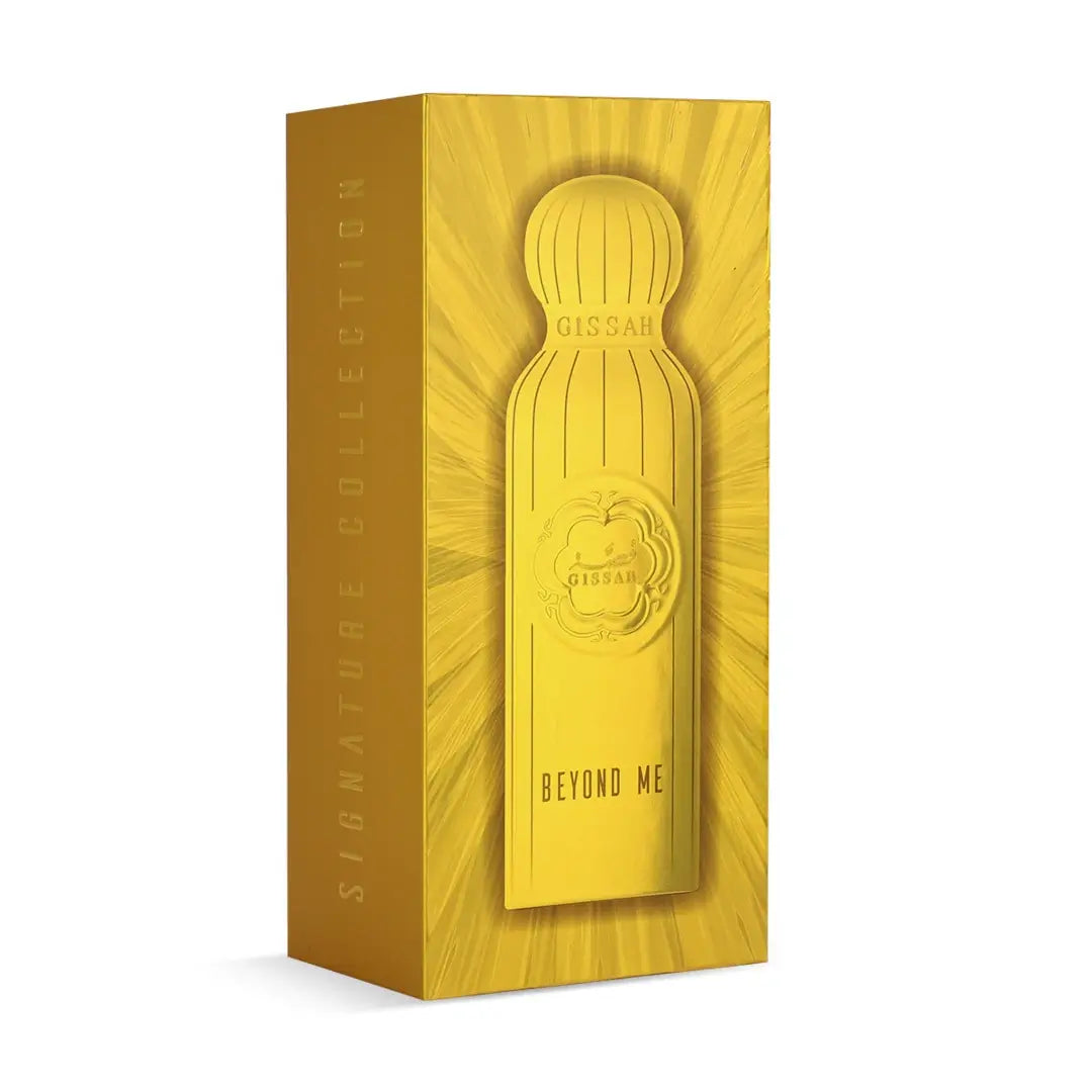 'Beyond Me' perfume packaging on a white background with 'Gissah' branding