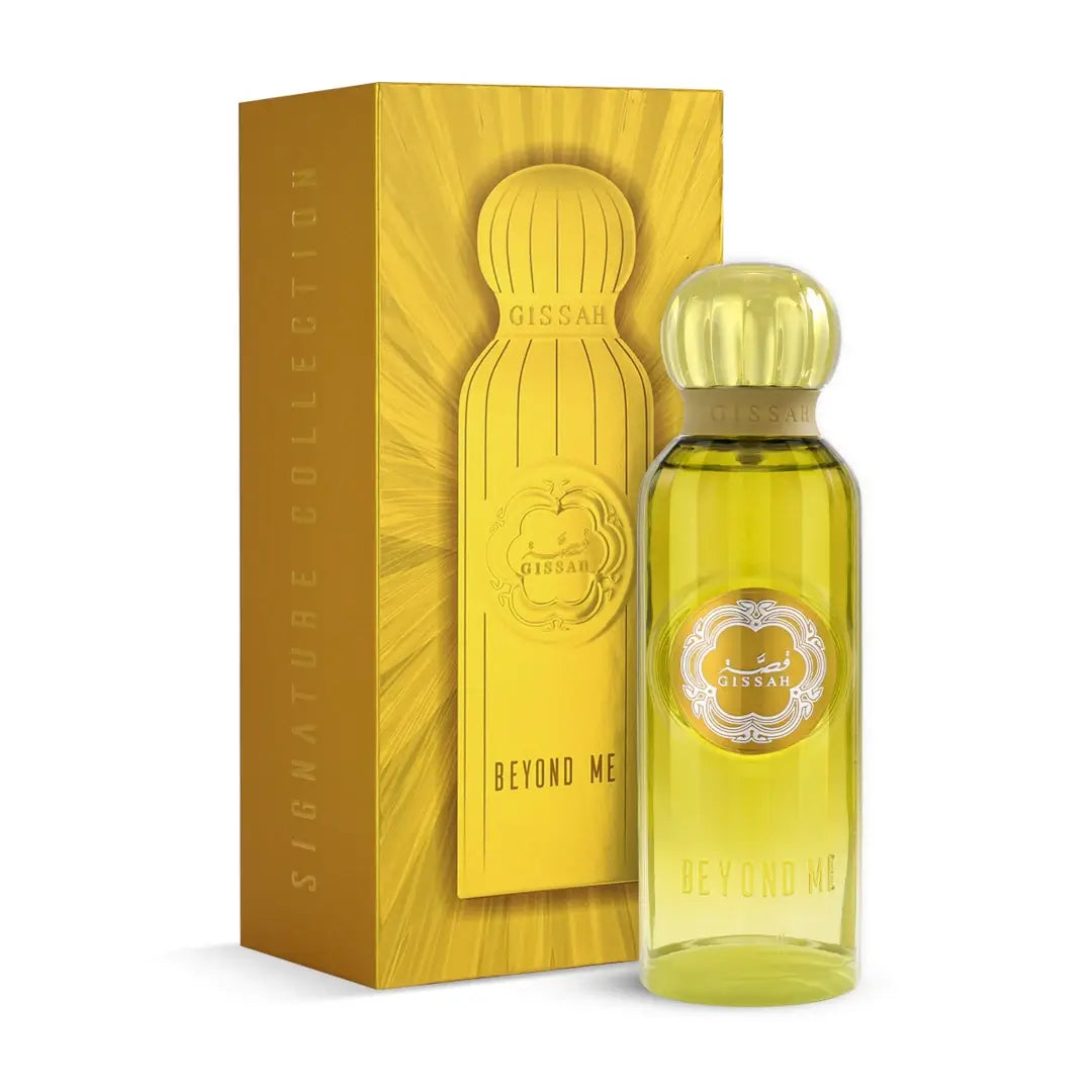 'Beyond Me' perfume bottle & packaging on a white background with 'Gissah' branding