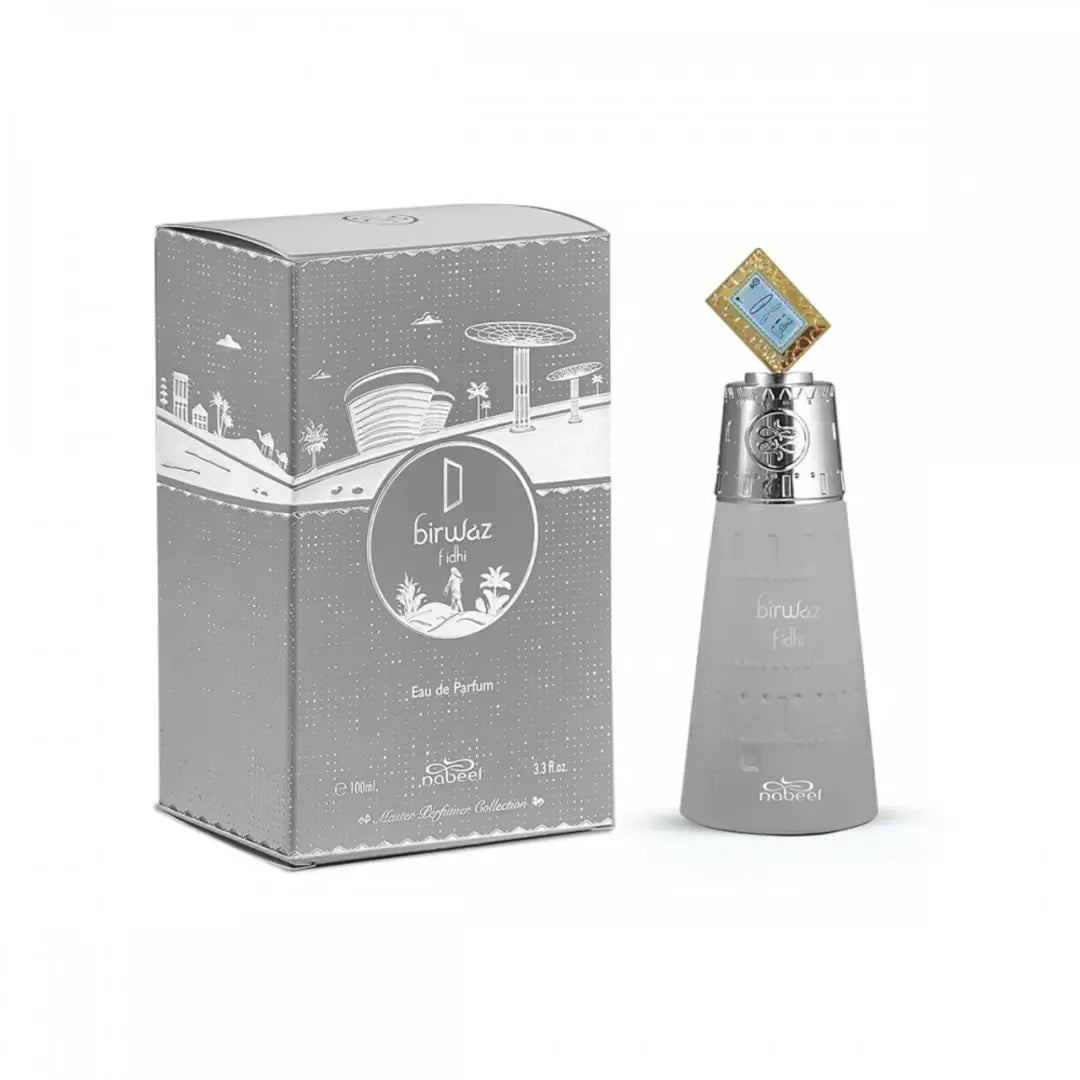 'Birwaz Fidhi' Perfume bottle and packaging with 'Nabeel' branding on a white background