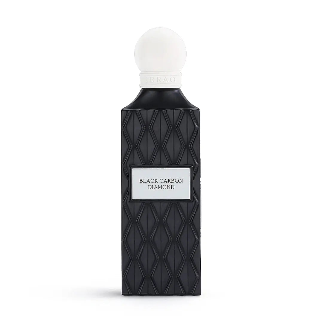 Black carbon diamond perfume bottle on a white background with Ibraq branding