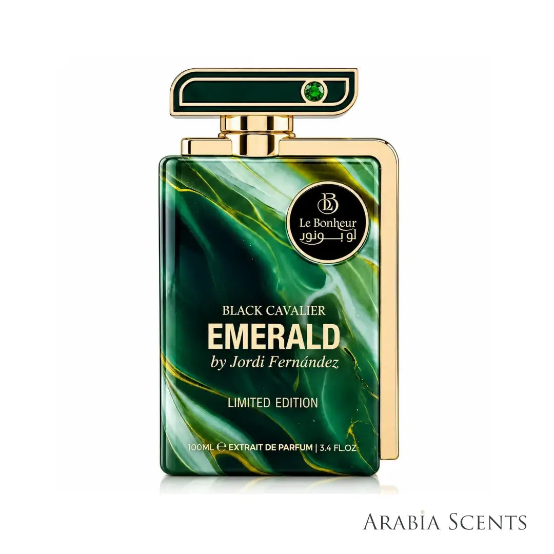 Black Cavalier Emerald Limited Edition green and gold perfume bottle by Le Bonheur on a white background featured on ArabiaScents