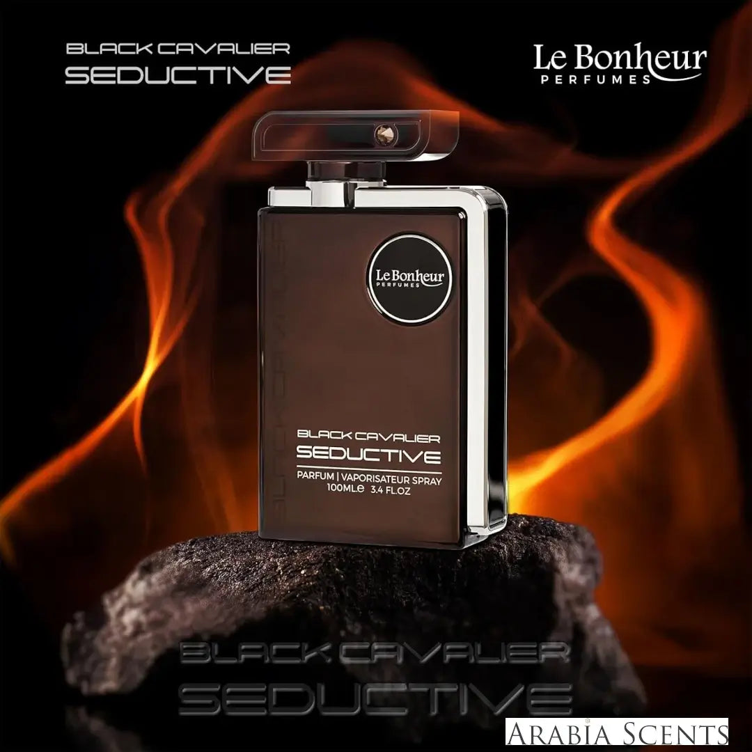 Le Bonheur Black Cavalier Seductive perfume bottle with flames in the background featured by ArabiaScents