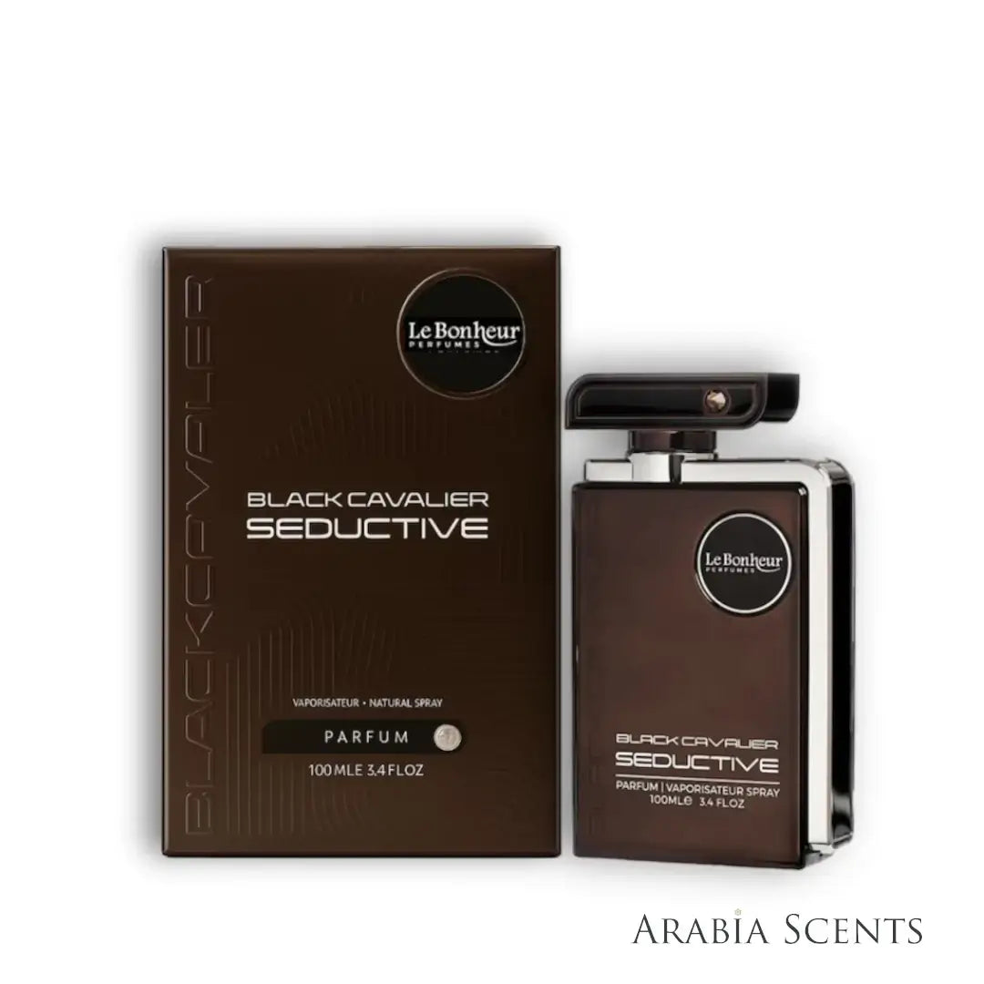 Le Bonheur Black Cavalier Seductive perfume bottle and packaging on a white background featured by ArabiaScents