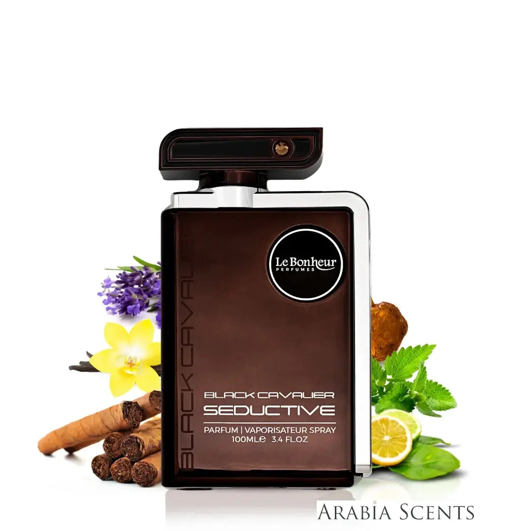 Perfume bottle labeled 'Black Cavalier Seductive' by Le Bonheur Perfumes with floral and spice elements on a white background featured on ArabiaScents