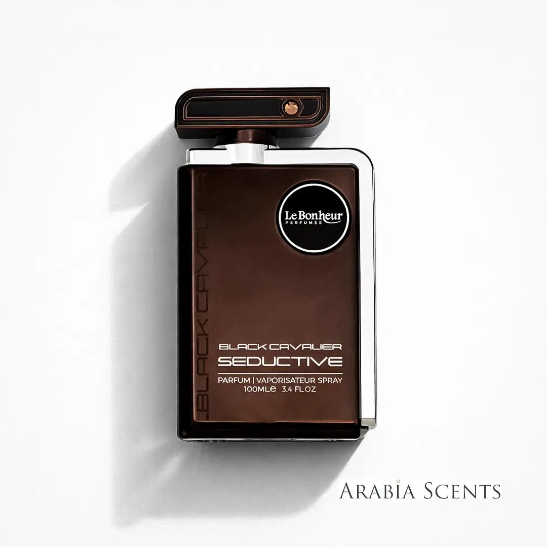 'Black Cavalier Seductive' Brown perfume bottle with 'Le Bonheur' branding on a white background featured by ArabiaScents