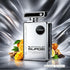 Perfume bottle labeled 'Black Cavalier Surge' by Le Bonheur with fruits and spices on a metallic background featured by 'ArabiaScents'