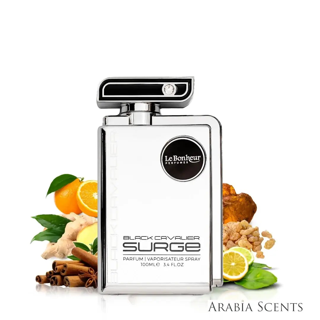 'Black Cavalier Surge' Perfume bottle with ingredients on a white background with Le Bonheur Parfums branding featured on ArabiaScents