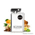 'Black Cavalier Surge' Perfume bottle with ingredients on a white background with Le Bonheur Parfums branding featured on ArabiaScents