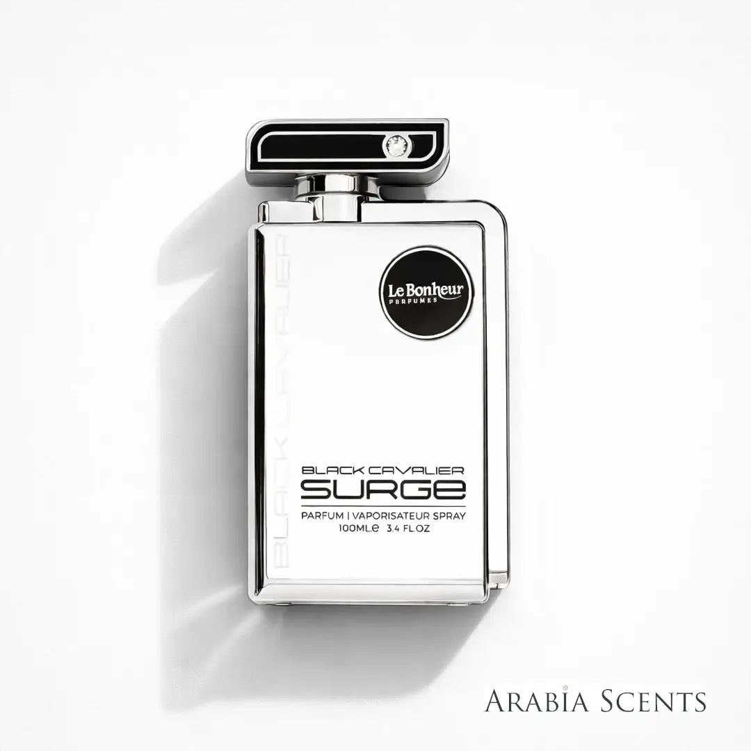 Perfume bottle labeled 'Black Cavalier Surge' branded by 'Le Bonheur' featured by 'ArabiaScents' on a white background