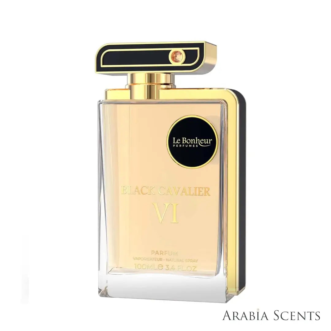 'Black Cavalier VI' Perfume bottle branded 'Le Bonheur' featured by ArabiaScents on a white background