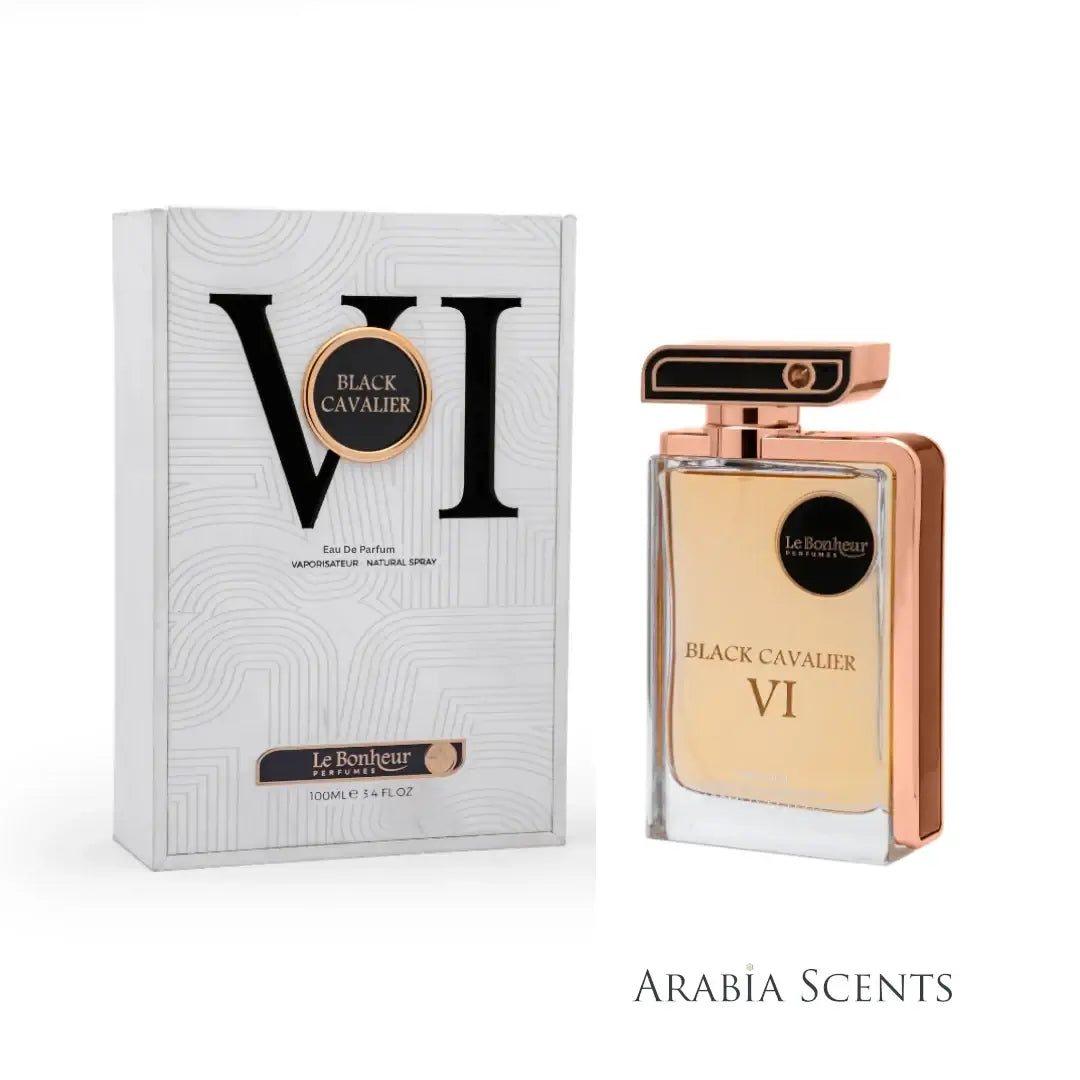 Perfume bottle and packaging of Black Cavalier VI by Le Bonheur on a white background featured by ArabiaScents