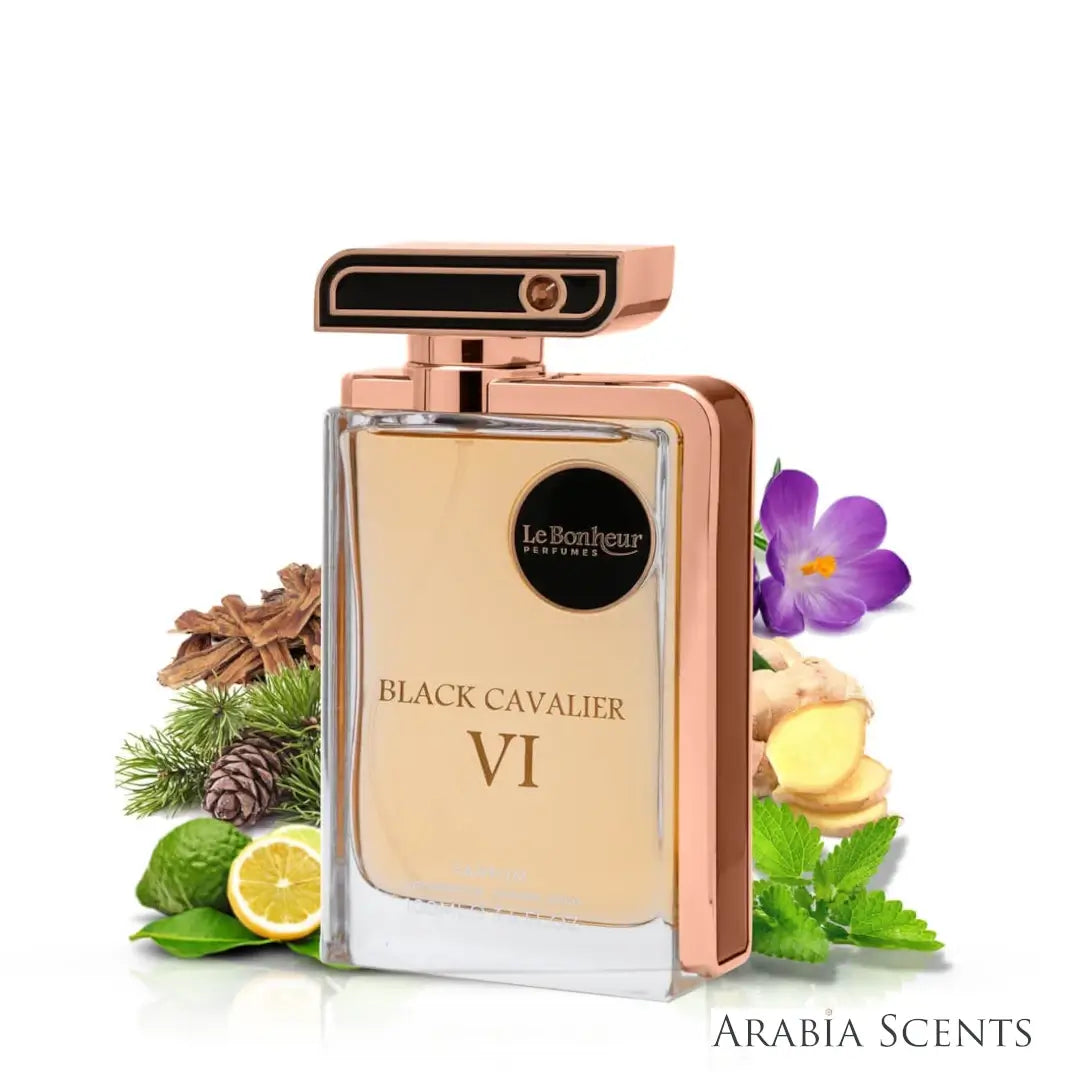 Perfume bottle labeled 'Black Cavalier VI' by Le Bonheur Parfums with botanical elements on a white background featured on ArabiaScents