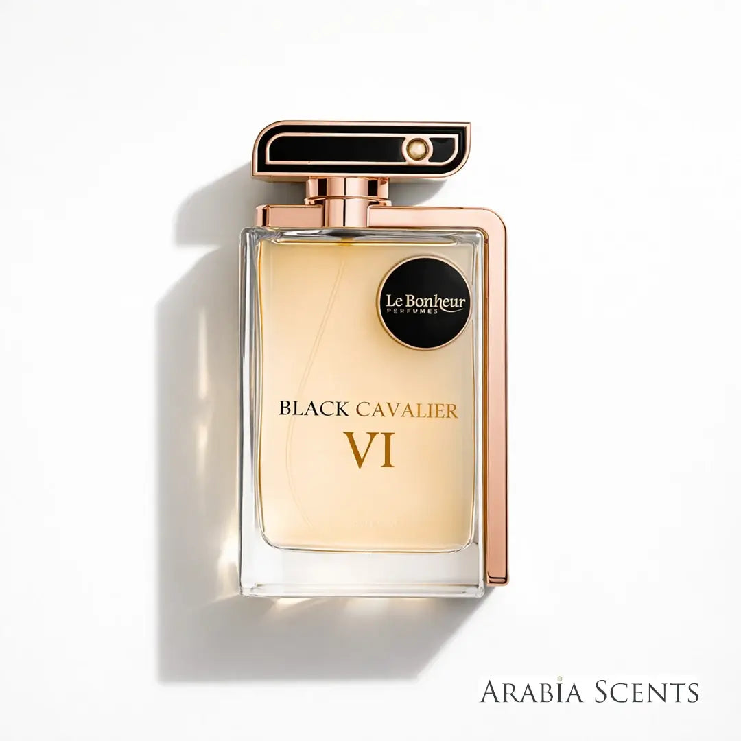 Perfume bottle labeled 'Black Cavalier VI' by Le Bonheur on a white background featured by 'Arabia Scents'