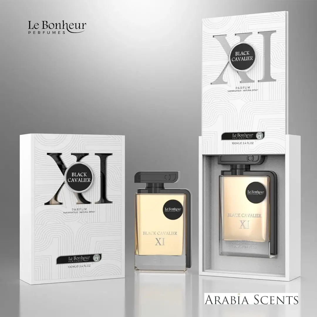 'Black Cavalier XI' by Le Bonheur perfume bottles and packaging on a gray background featured by ArabiaScents