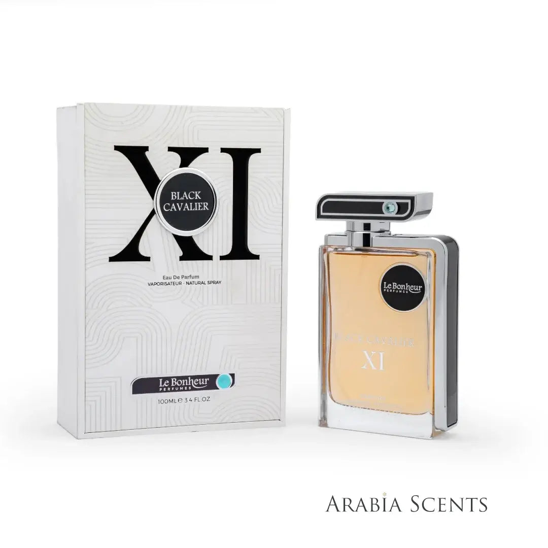 Perfume bottle and packaging of 'Black Cavalier XI' by Le Bonheur on a white background featured on ArabiaScents