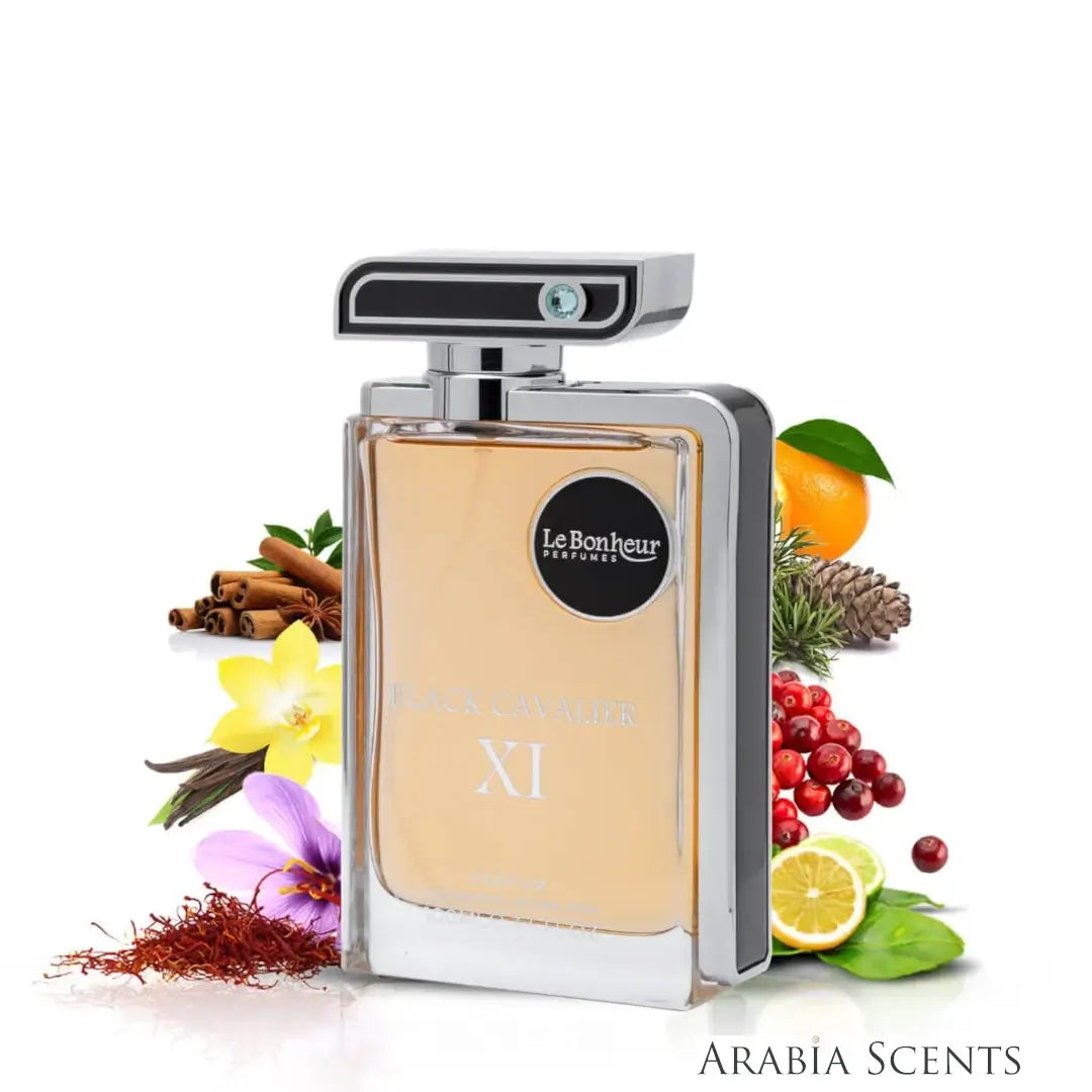 'Black Cavalier XI' Perfume bottle with ingredients on a white background, with 'Le Bonheur' brand featured by 'ArabiaScents'