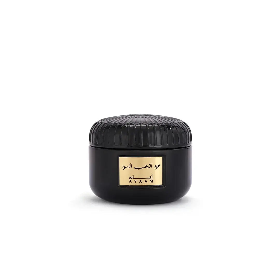 'Black Gold Oud Mamoul' in a white background with 'Ayaam' branding