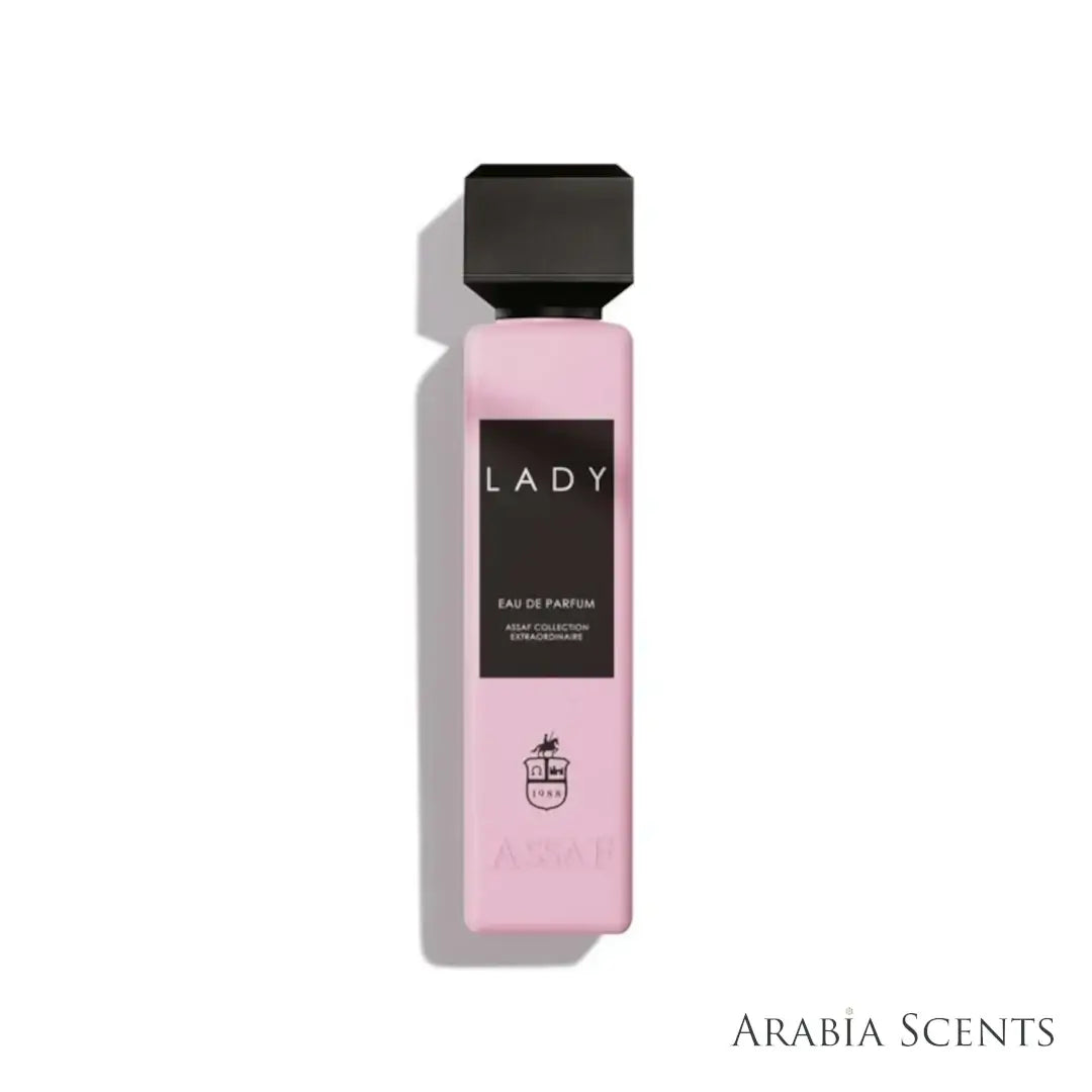 'Black Lady' perfume bottle on a white background with 'Assaf' branding featured b 'Arabiascents'