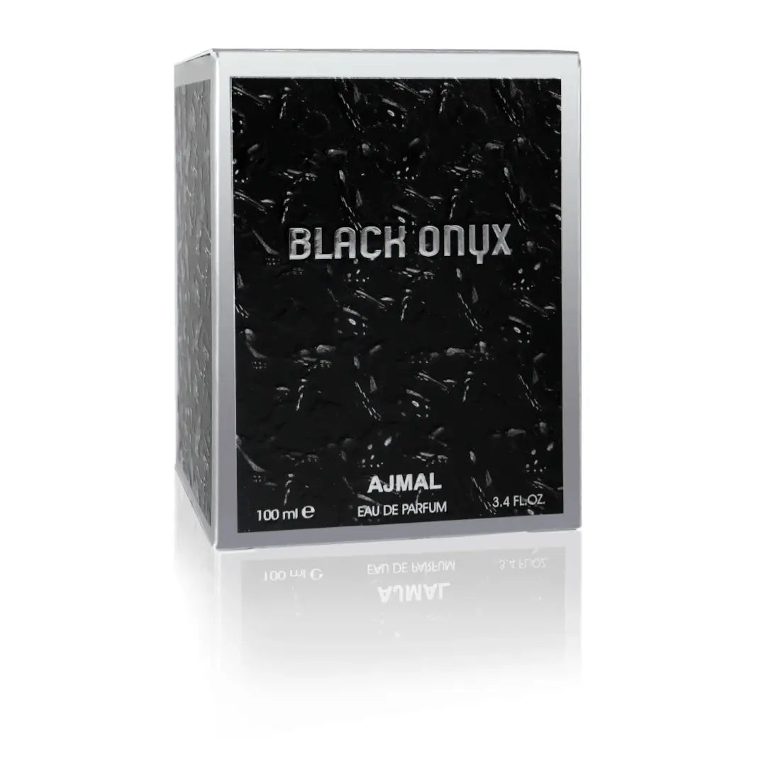 'Black Onyx' perfume packaging in a white background with 'Ajmal' branding