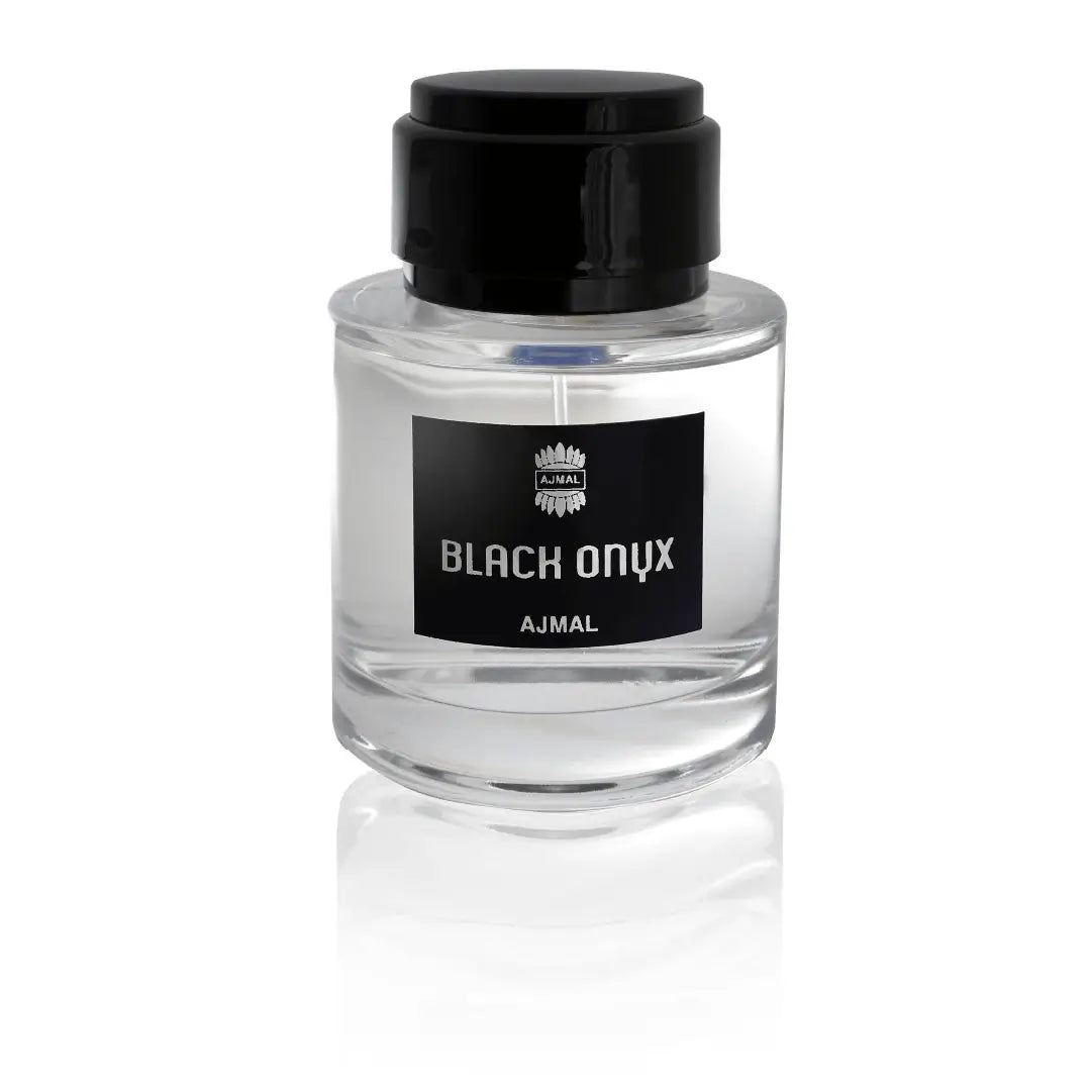 'Black Onyx' perfume bottle in a white background with 'Ajmal' branding