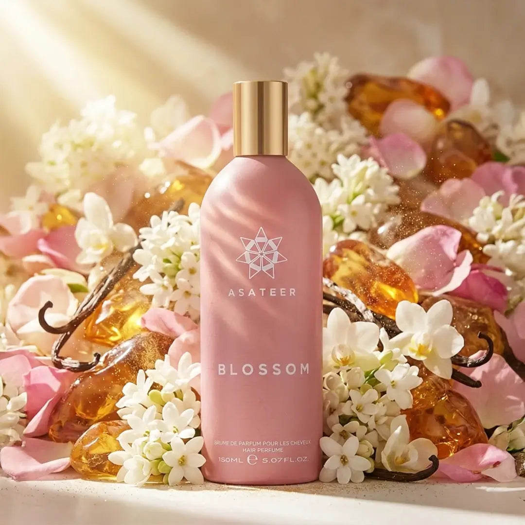 'Blossom' Hair Mist perfume bottle  with 'Asateer' branding