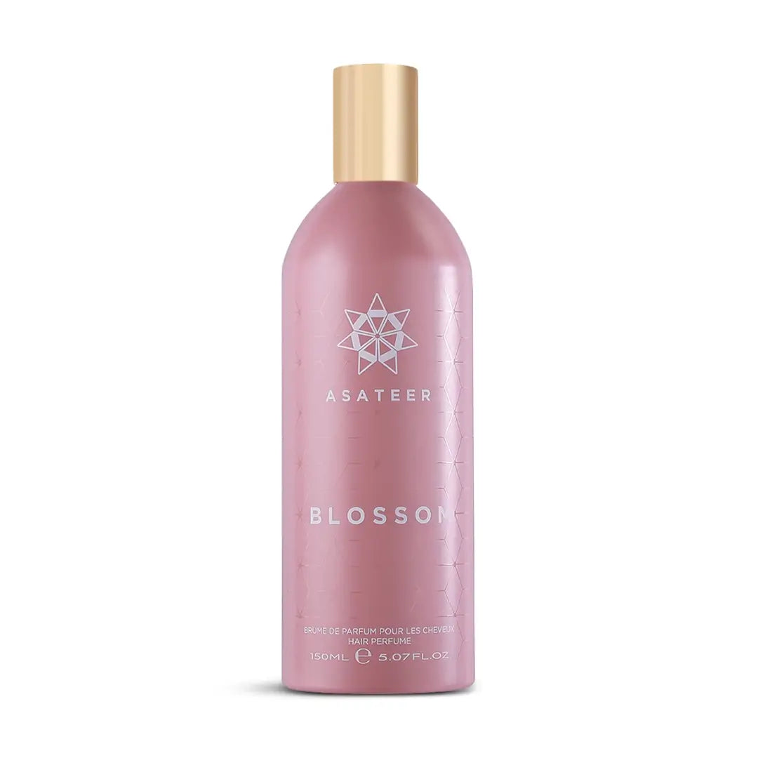 'Blossom' Hair Mist perfume bottle in a white background with 'Asateer' branding