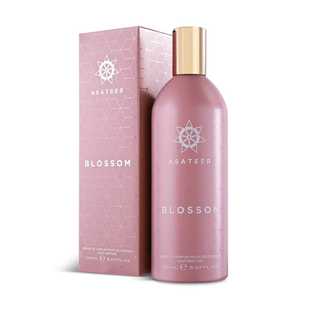 'Blossom' Hair Mist perfume bottle & packaging in a white background with 'Asateer' branding