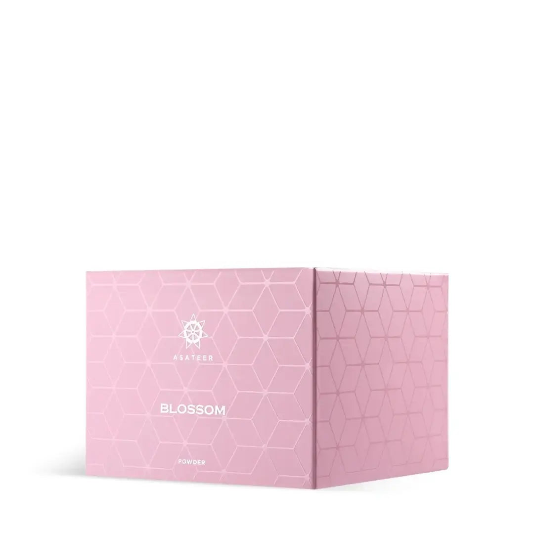 Pink packaging box with geometric patterns 'Blossom Scented Body Powder' with Asateer branding on a white background