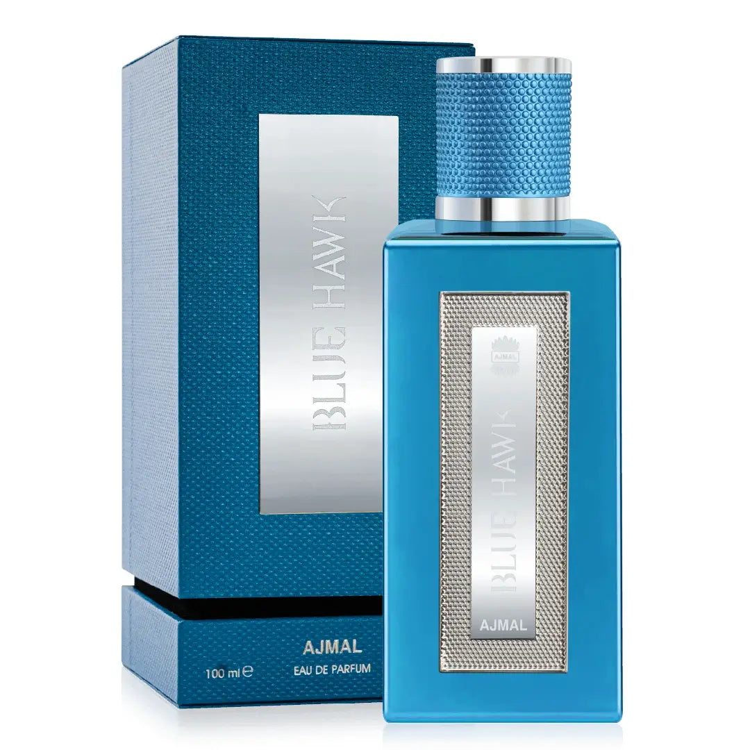 'Blue Hawk' perfume bottle & packaging in a white background with 'Ajmal' branding