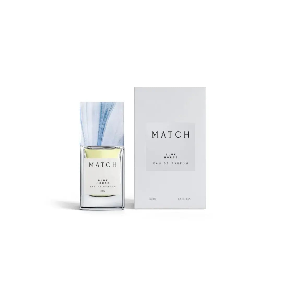 'Blue Horse' perfume bottle & packaging in a white background with 'Match' branding