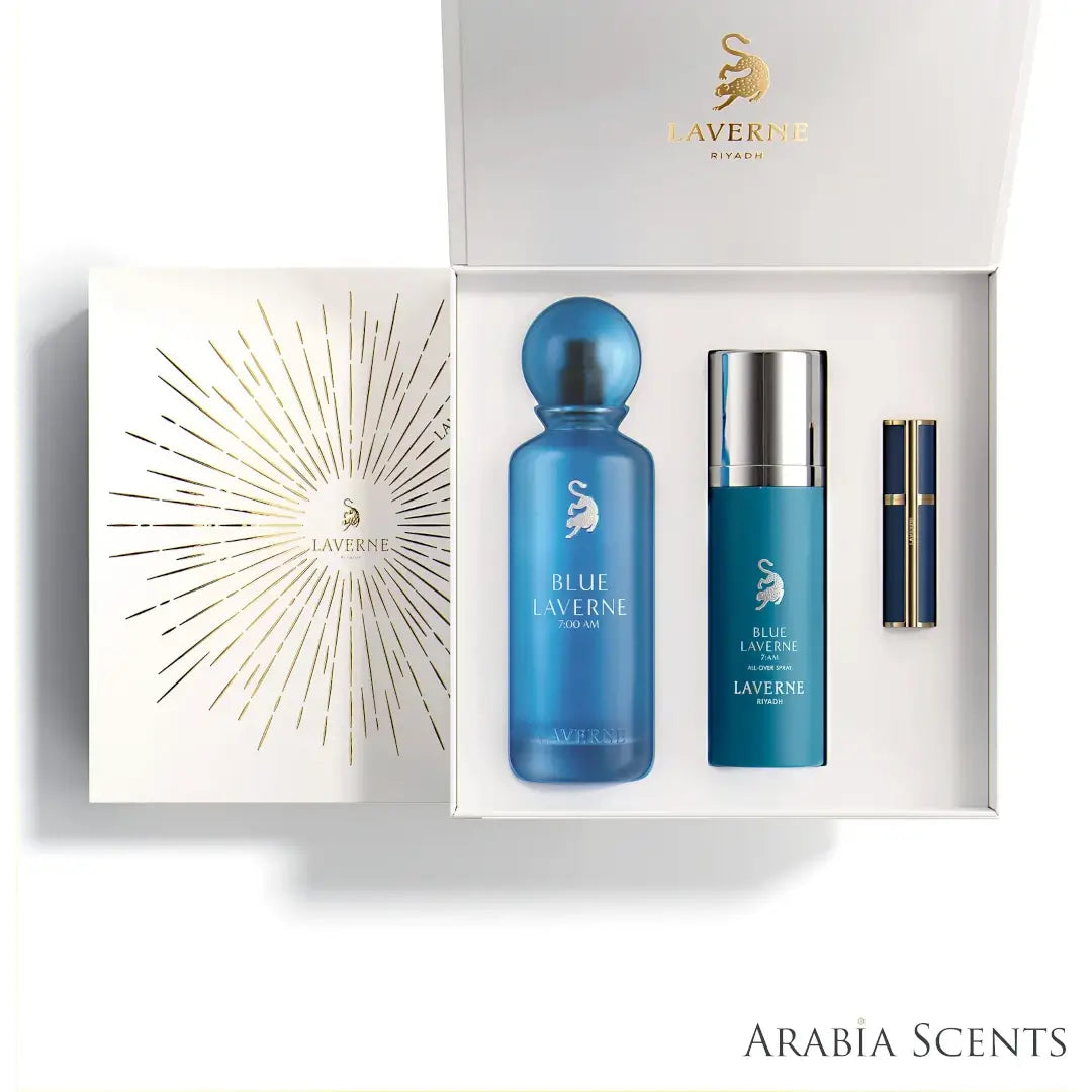 'Blue Laverne 7:00 AM' set on a white background with 'Laverne' branding featured by 'Arabiascents'