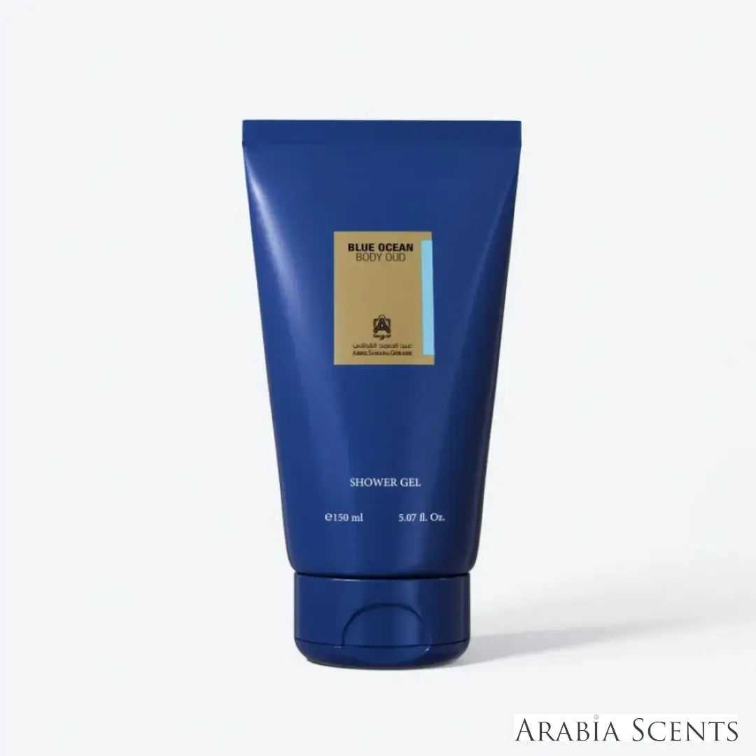 'Blue Ocean Body Oud' shower gel on a white background with 'ASQ' branding featured by 'Arabiascents'