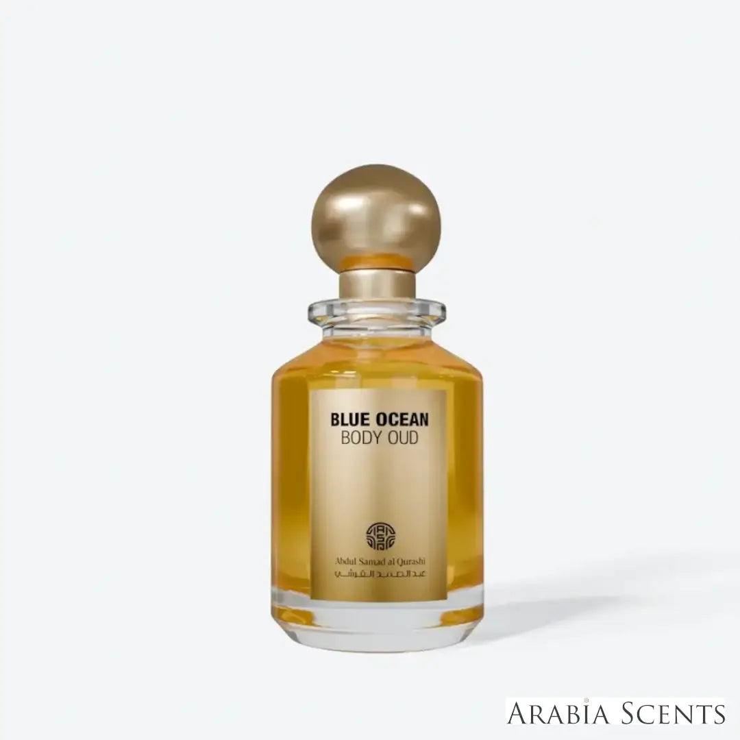 'Blue Ocean Body Oud' perfume bottle on a white background with 'ASQ' branding featured by 'Arabiascents'