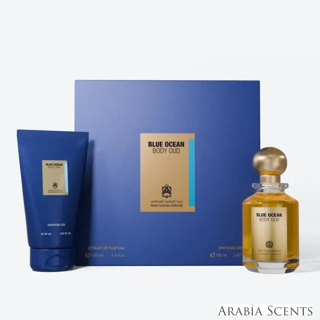 'Blue Ocean Body Oud' set on a white background with 'ASQ' branding featured by 'Arabiascents'