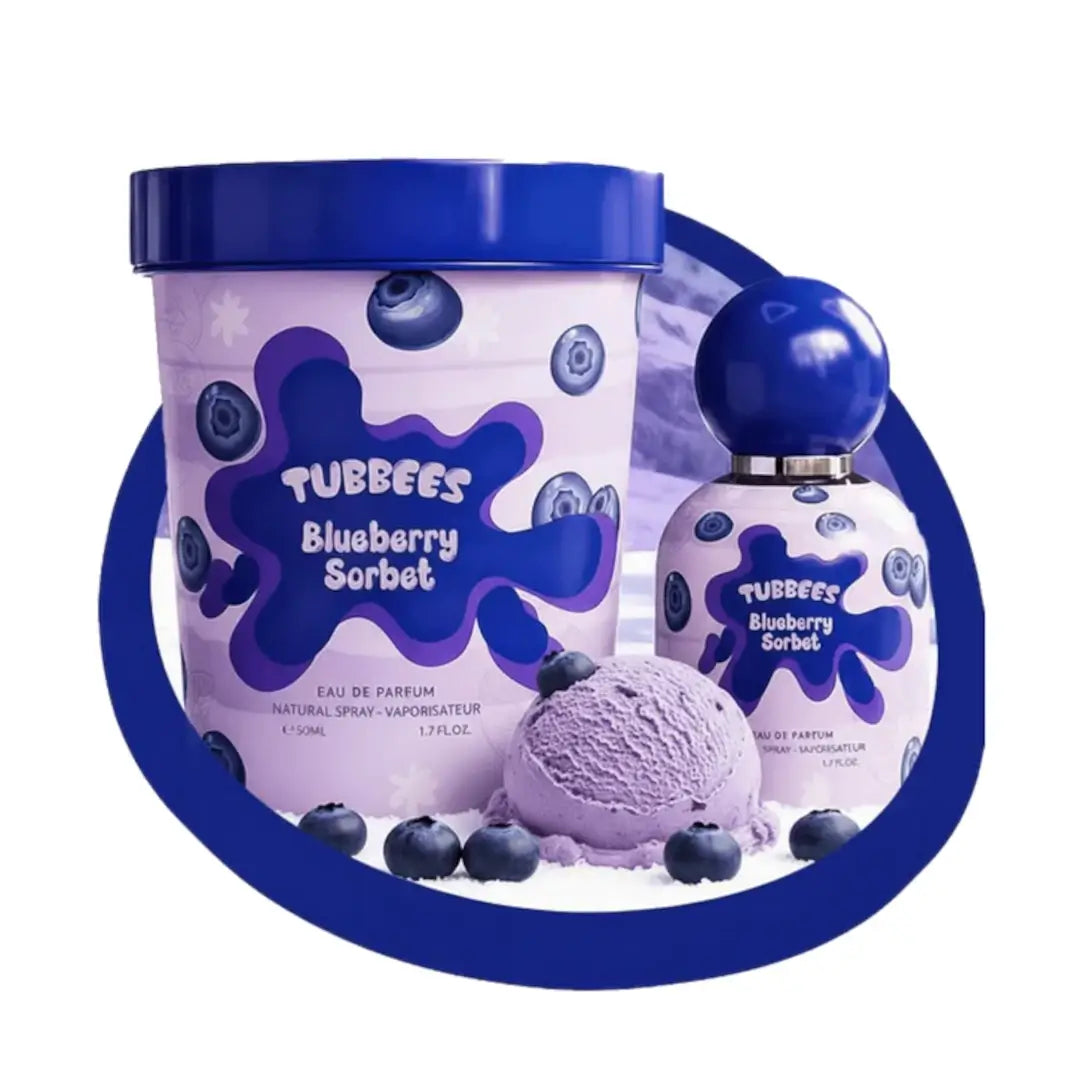 'Blueberry Sorbet' perfume with packaging on a white background with 'Tubbees' branding