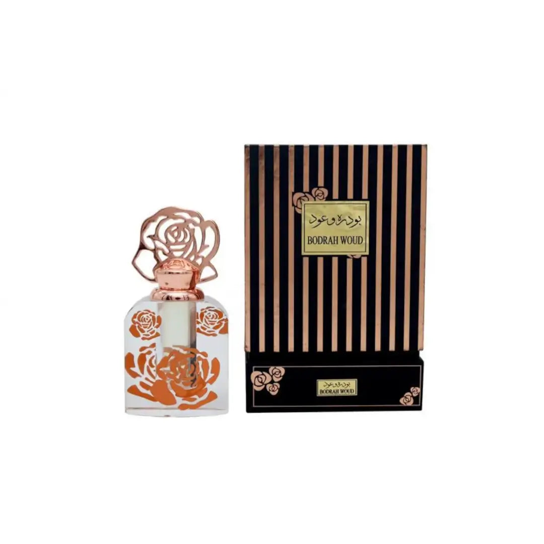 'Bodrah Woud' mukhalat oil bottle & packaging on a white background with 'Al Bait Al Khaleeji' branding