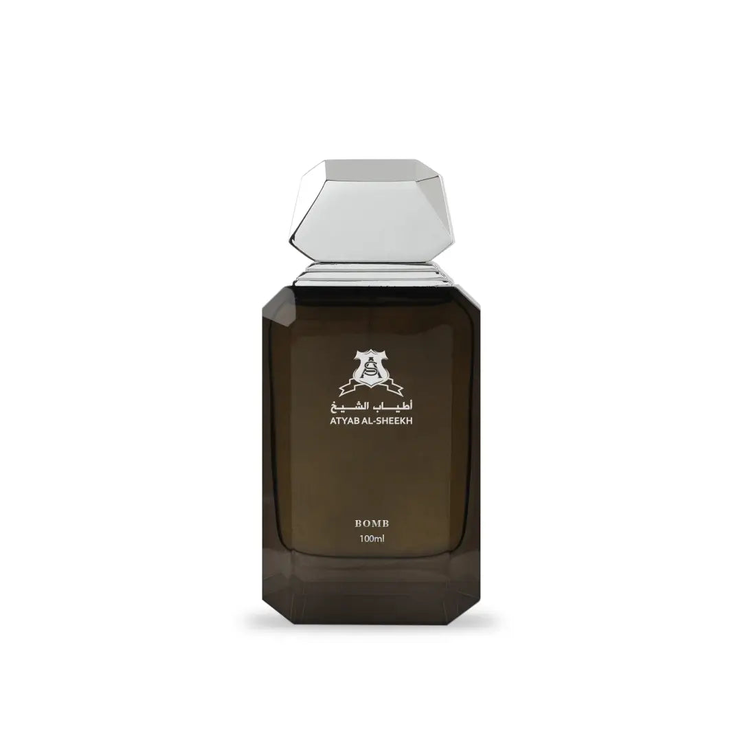'Bomb' perfume bottle on a white background with 'Atyab Al Sheikh' branding