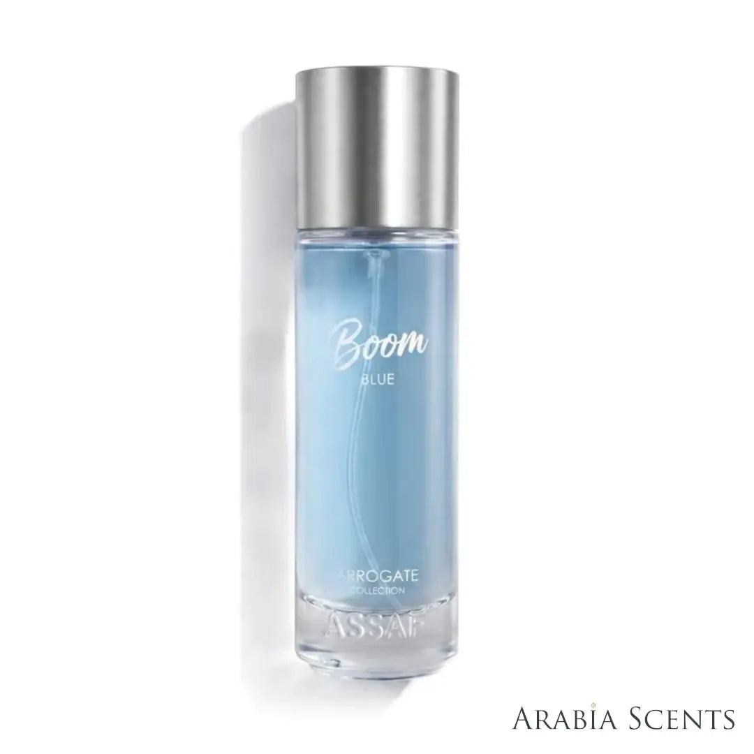 'Boom Blue' perfume bottle on a white background with 'Assaf' branding featured by 'Arabiascents'