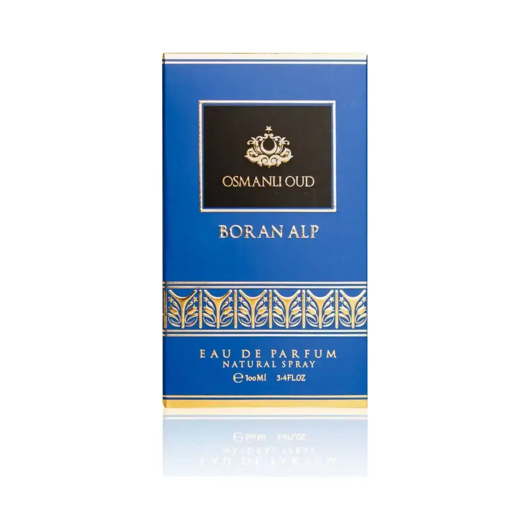 Blue box of Osmanli Oud Boran Alp Eau de Parfum on a white background