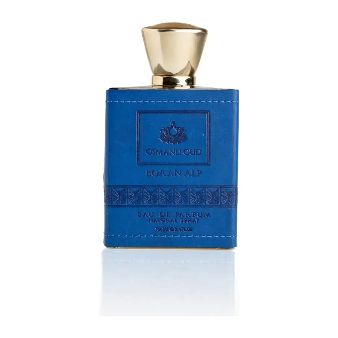 'Boran Alp' Blue perfume bottle with gold cap on a white background branded Osmanli Oud