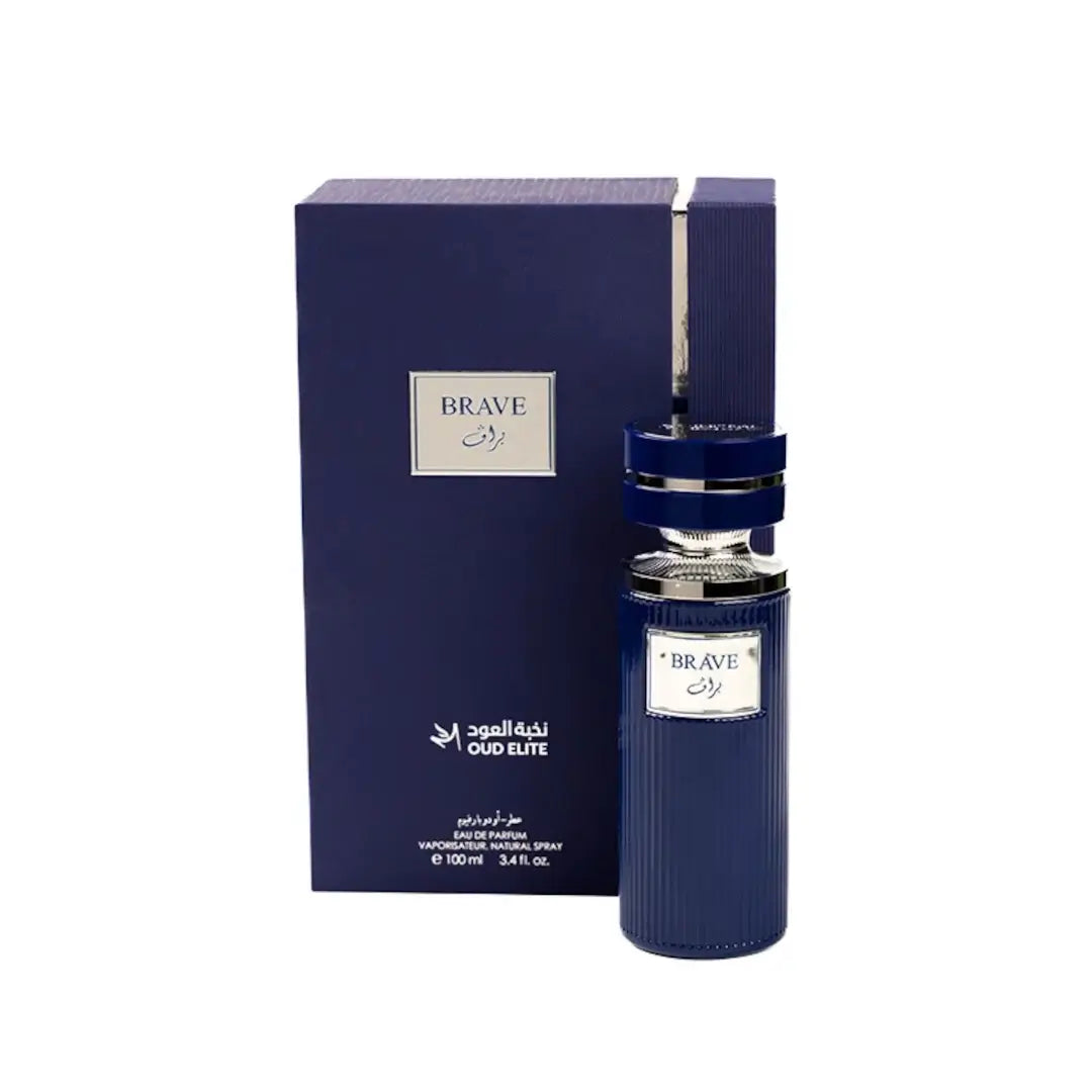 'Brave' perfume bottle & packaging in a white background with 'Oud Elite' branding 