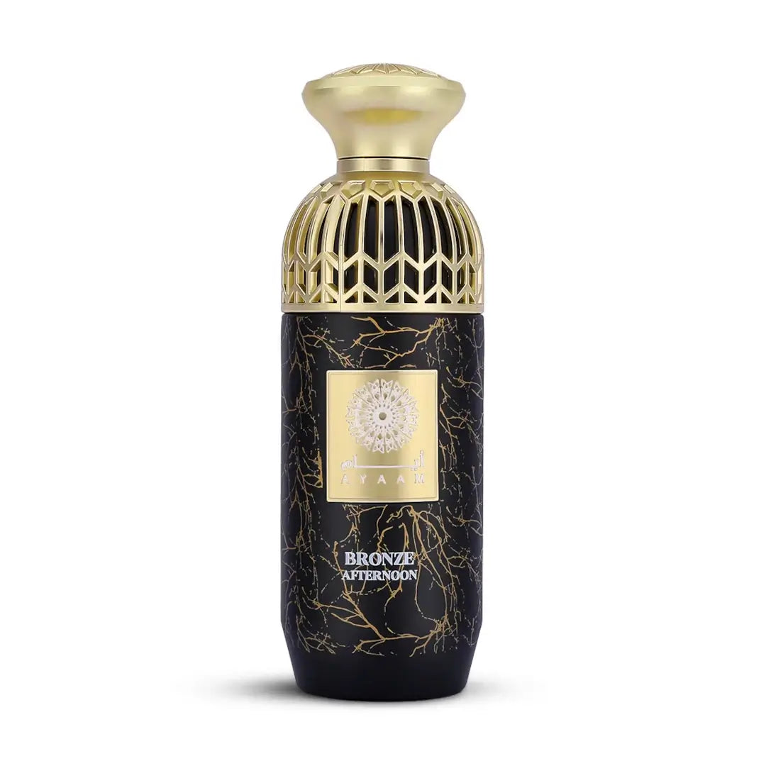 'Bronze Afternoon' perfume bottle with intricate design on a white background with 'Ayaam' branding