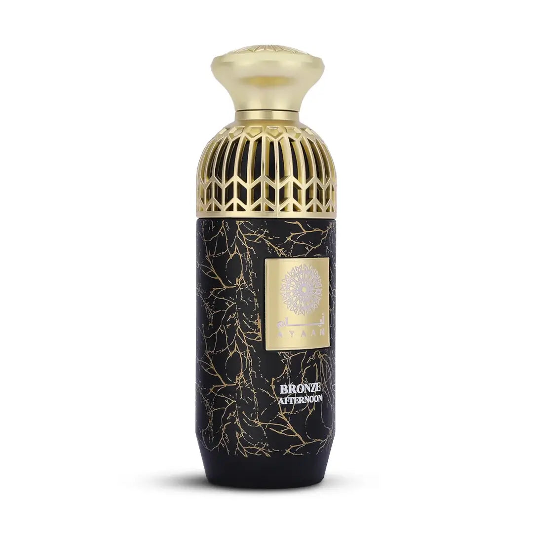 'Bronze Afternoon' perfume bottle with intricate design on a white background with 'Ayaam' branding
