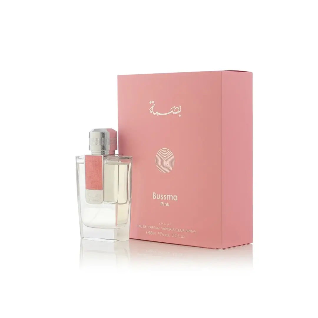 Bussma Pink perfume bottle and pink packaging on a white background branded Arabian Oud