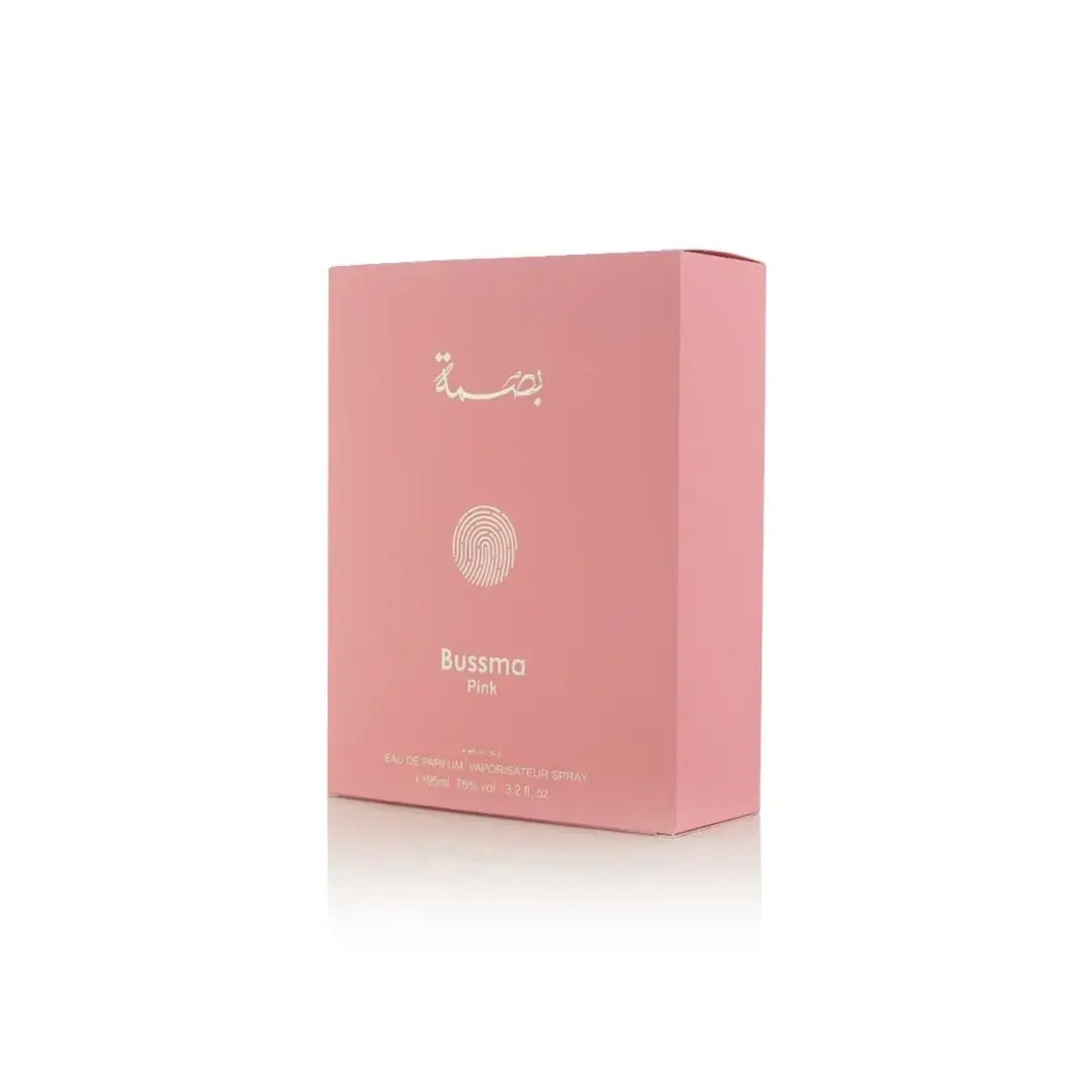 Pink packaging box with 'Bussma Pink' branding on a white background by Arabian Oud