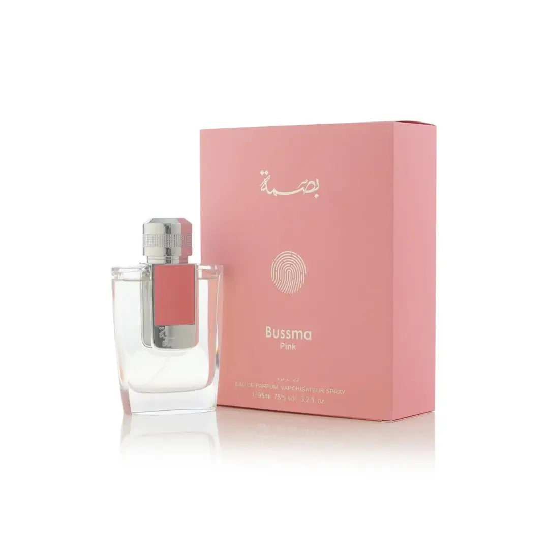 Bussma Pink perfume bottle and packaging on a white background by Arabian Oud