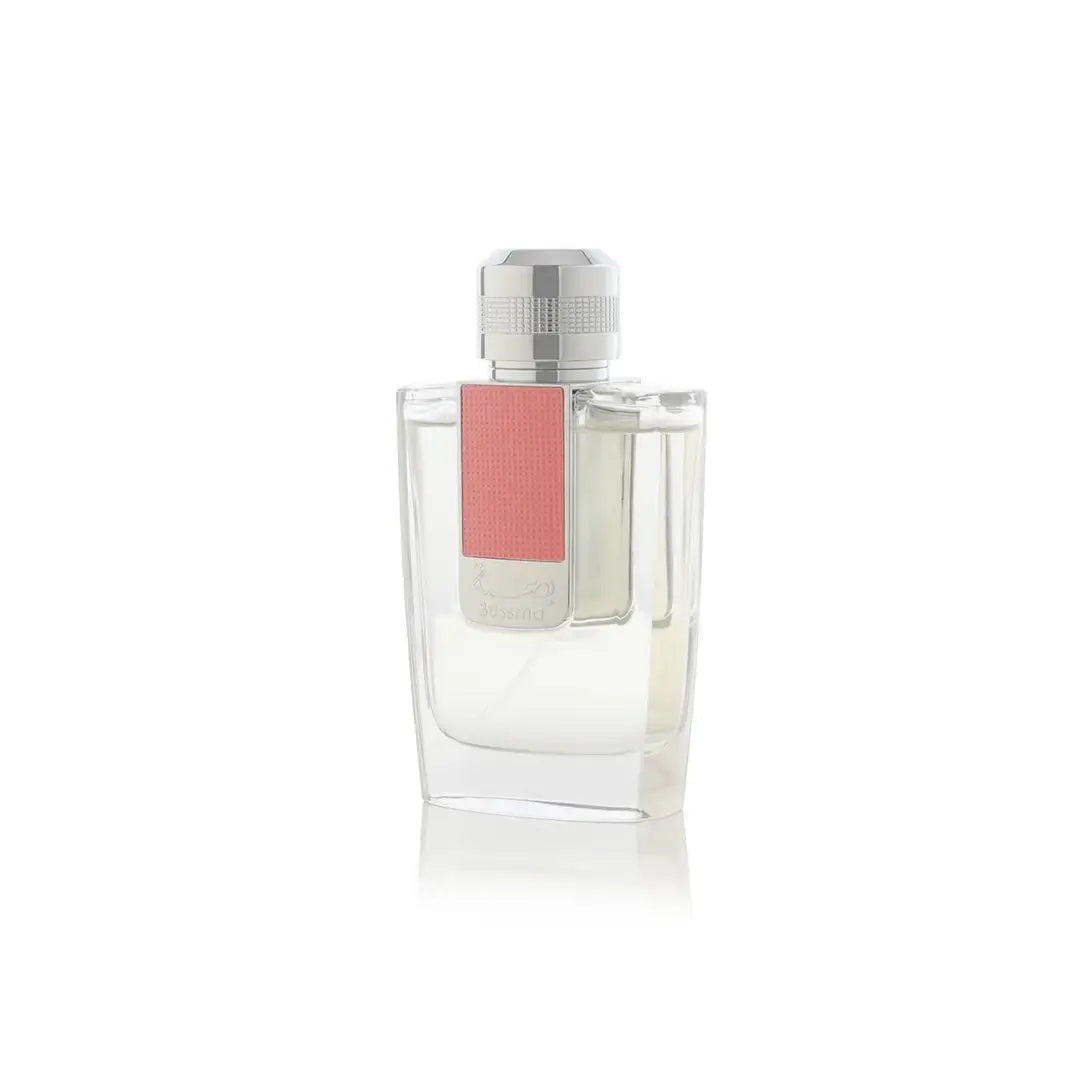 'Bussma Pink' perfume bottle with a pink cap on a white background with Arabian Oud branding