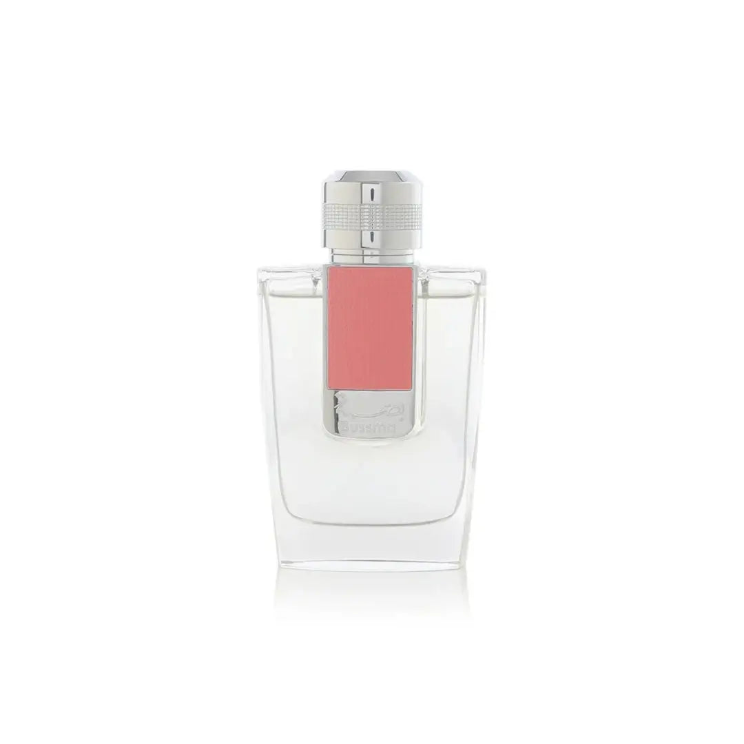 'Bussma Pink' perfume bottle with a pink cap on a white background by Arabian Oud