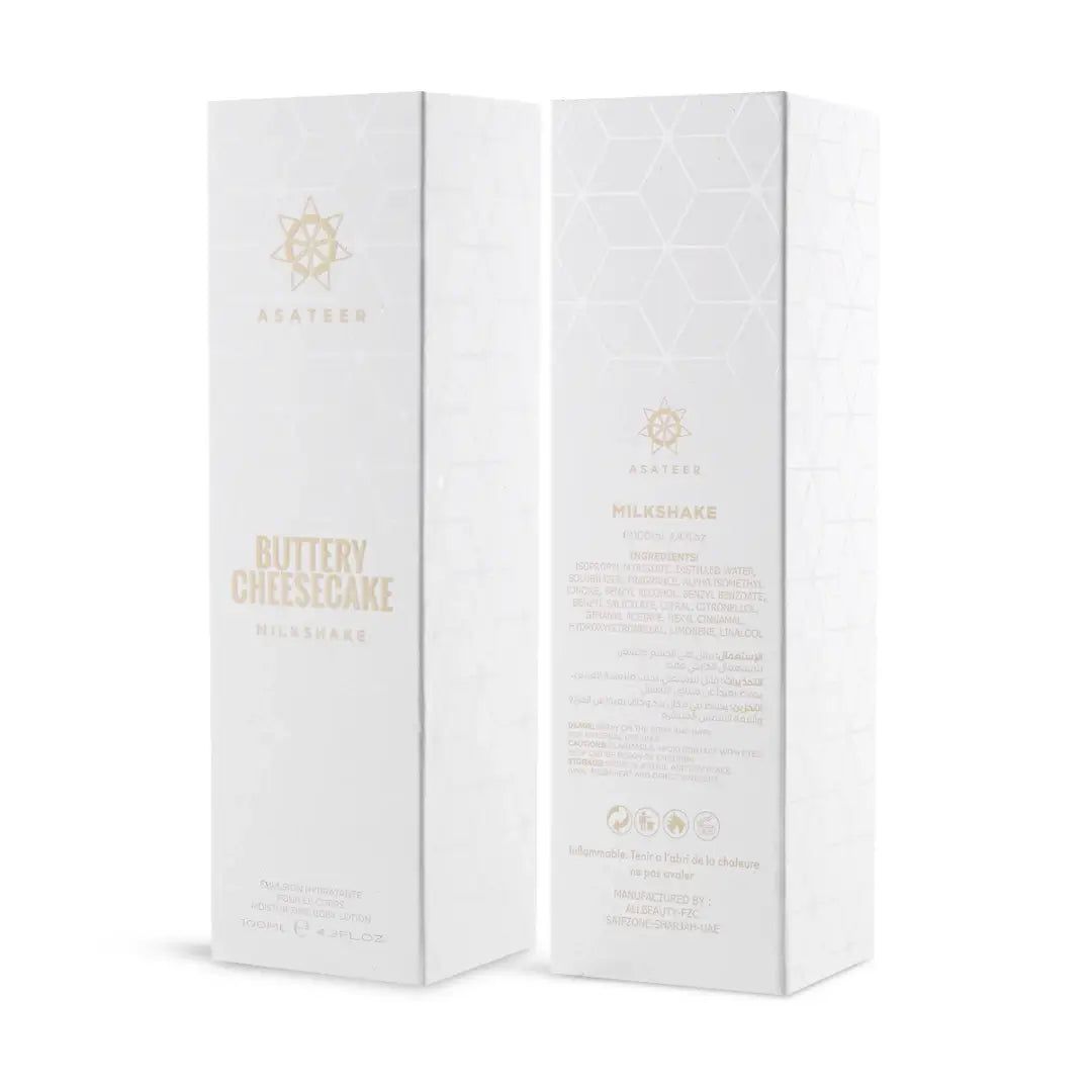 'Buttery Cheesecake Milkshake Body Lotion Spray' packaging on a white background with 'Asateer' branding